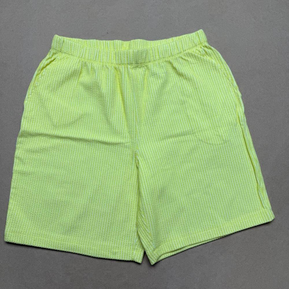 Lands' End Sport Knit Shorts Womens Medium 10-12 Yellow Seersucker High Rise